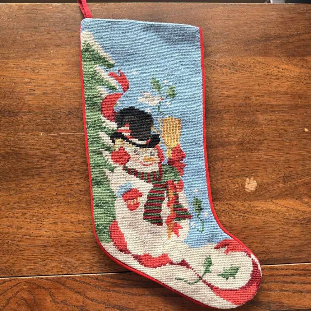 Vintage Needlepoint Velvet Backed Snowman Christmas Stocking